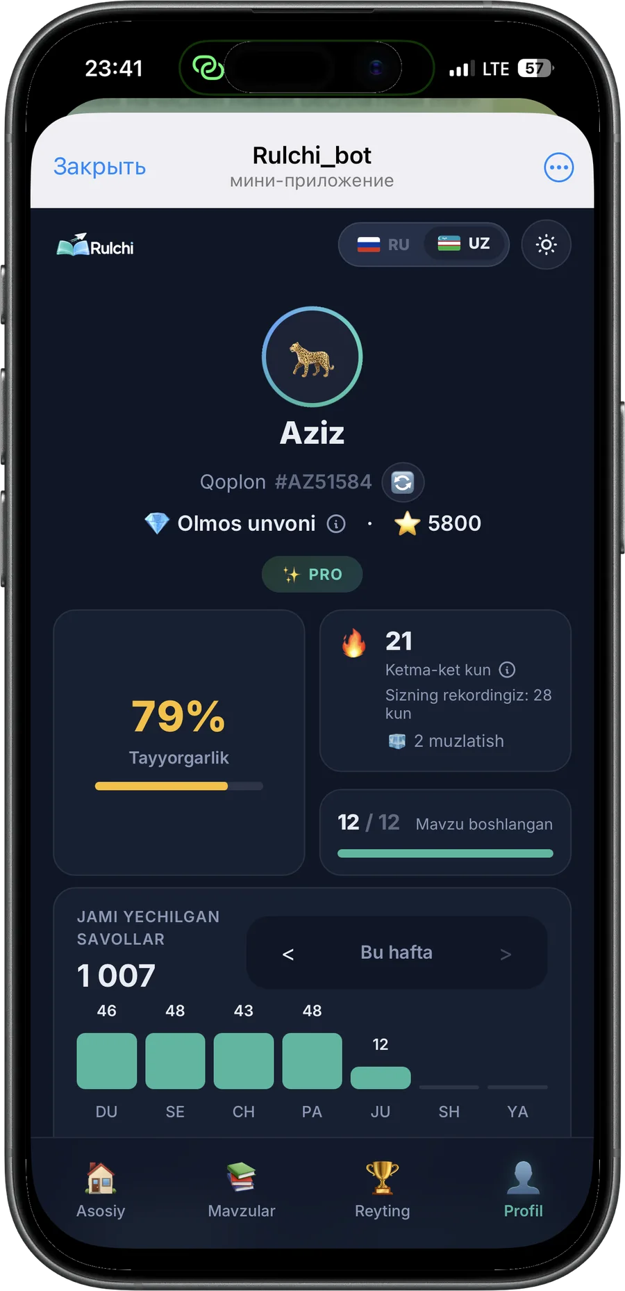 Rulchi profil va tayyorlik bahosi (Telegram)